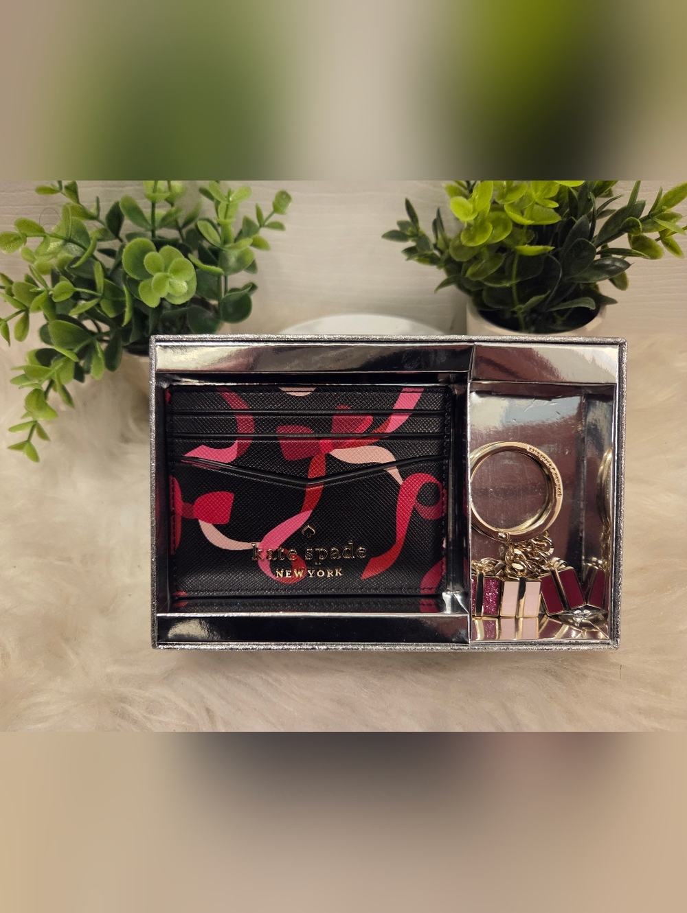 Kate Spade Black Cardholder with Pink and Red Ribbon Print and Matc Gold Keyring - Picture 2 of 4